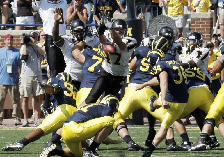 On Sept. 1, 2007, Appalachian State blocked a last ditch Michigan field goal to give the Mountaineers an historic upset over the No. 5 Wolverines. (Photo courtesy of National Football Foundation)