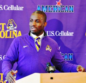 ECU head coach Scottie Montgomery addresses the media at his signing day press conference last February. (Photo by Al Myatt)