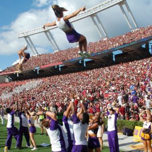 The ECU cheerleaders got up for the Pirates at Williams Brice stadium on Saturday. The mood was less buoyant at the end of the game as the Pirates fell to South Carolina in a heartbreaking loss. (Al Myatt photo)