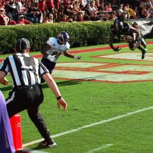 ECU's red zone problems at South Carolina started in the first half. South Carolina's Jamarcus King was credited with an interception in the end zone on this pass from Philip Nelson intended for Jimmy Williams with 5:37 left before halftime. (Photo by Al Myatt)