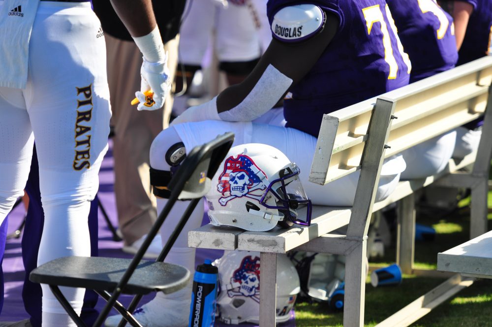 East Carolina wore red, white and blue helmets on Military Appreciation Day. (Bonesville Staff photo)