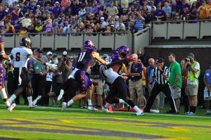 ECU quarterback Holton Ahlers scampers in to the end zone for the Pirates first score of the evening. The Greenville product rushed for 85 yards and two touchdowns in a 48-9 win over Gardner-Webb. (W.A. Myatt photo)