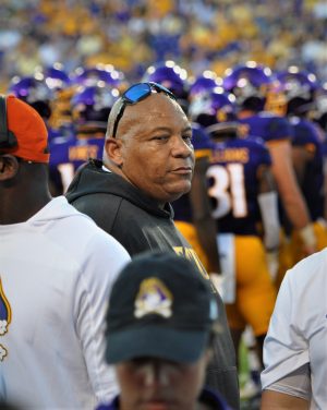 ECU strength and conditioning director John Williams Jr. is an active presence on the sideline (Photo by Al Myatt)