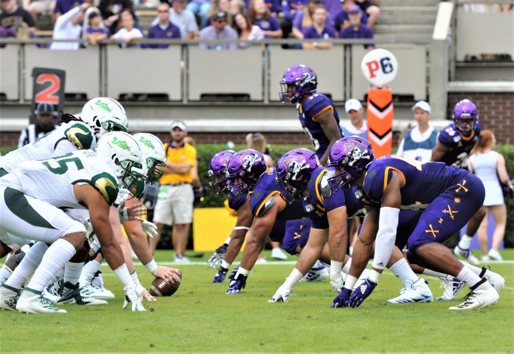 The ECU defensive line is ready to launch in the AAC matchup with South Florida. (Photo by Al Myatt)