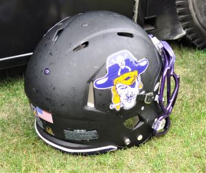 East Carolina played with a logo from yesteryear on its helmets. (Photo by Al Myatt)